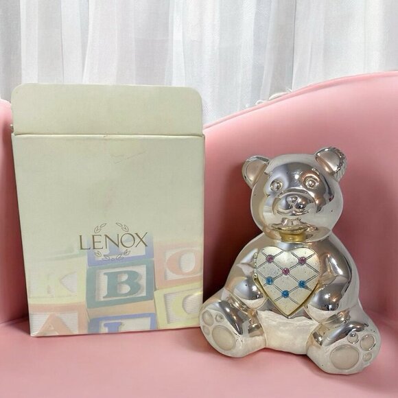 Lenox Vintage Baby Jewel Collection Silver Plated Teddy Bear Bank - Picture 2 of 9